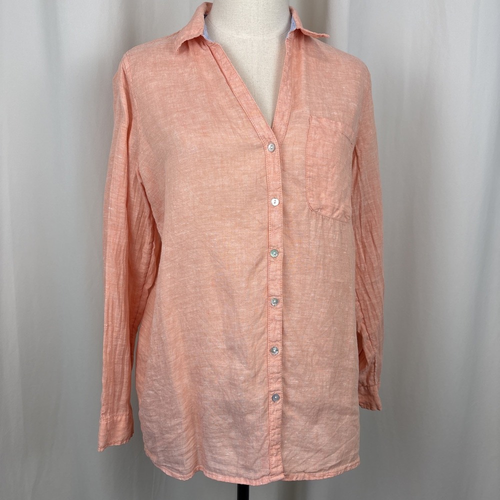 Sigrid Olsen 100% Linen Coral Orange-Pink Long Sleeve Button Up Shirt Sz S